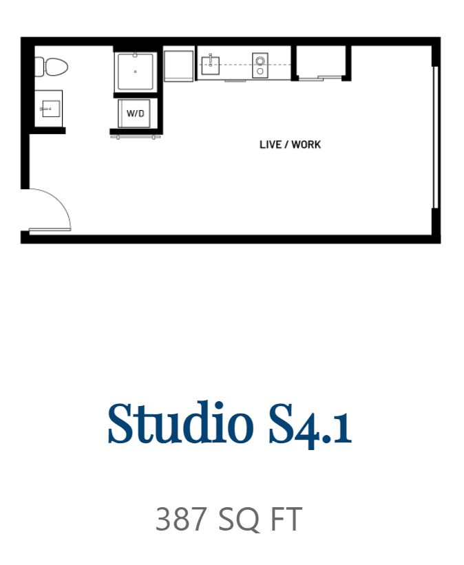 Floor plan for studio, 1 bath, 387 sqft